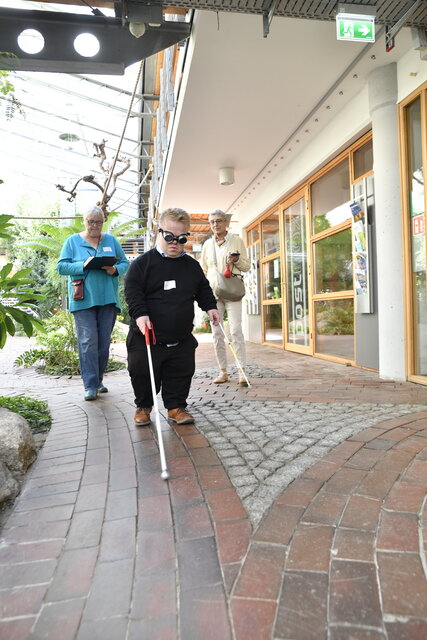 Eine Person mit einem Langstock, begleitet von zwei weiteren Personen
